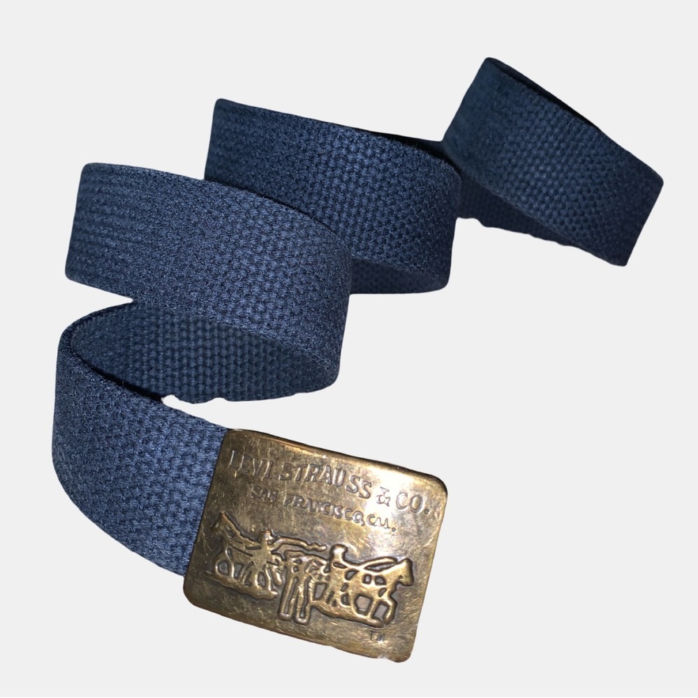 Vtg Levi Strauss Blue Canvas Dual Horse Brass Buckle Clasp Belt 38” Tip To Tip - Picture 2 of 3